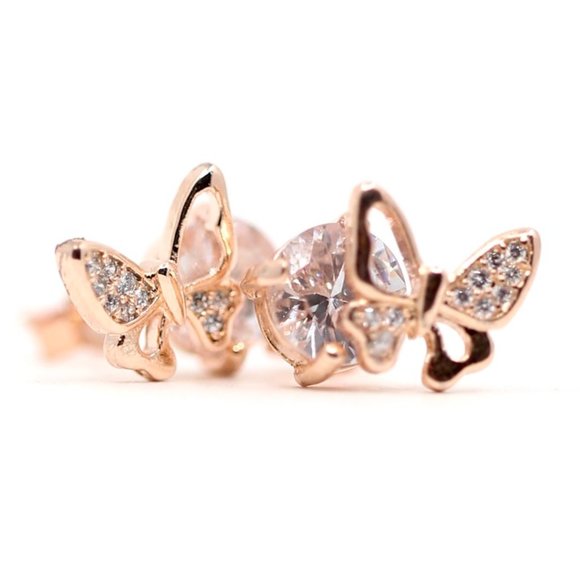 18k Rose Gold Dipped Butterfly White Topaz Studs E - Picture 5 of 7